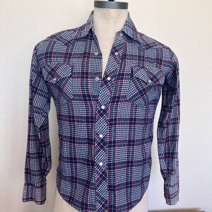 70's Western Flannel - Pearl Snaps - Size Medium - Prest-Rite- Plaid